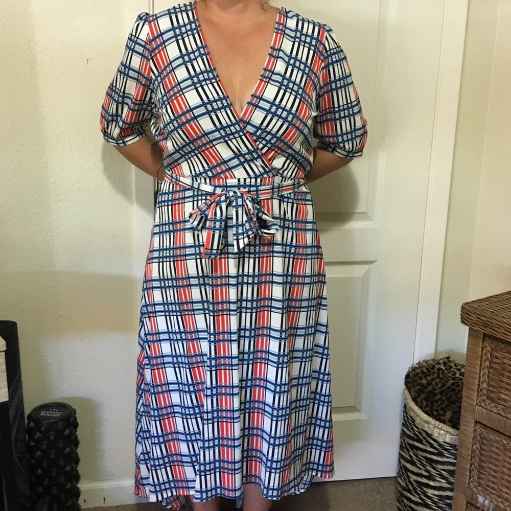 NEVER WORN plaid polyester maxi high low dress